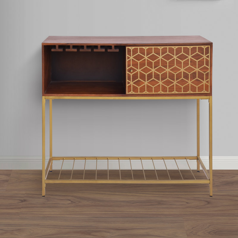 Keishi 48 Inch Acacia Wood Bar Cabinet 1 Door Metal Frame Geometric Screen Print Brown Brass
